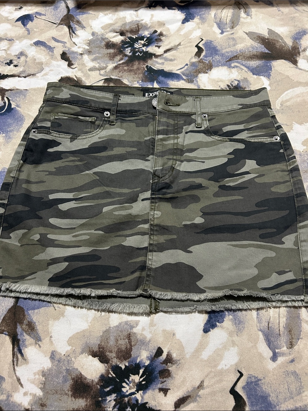 Express Olive Green Camo Denim Mini Skirt - Picture 1 of 6